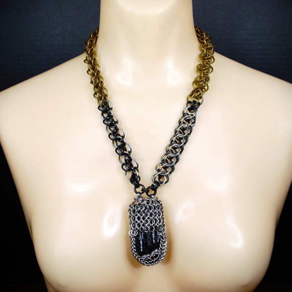 "Grand Tourmaline" Original Design Chainmail Necklace w/ Tourmaline Centerpiece